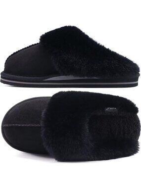 Womens Dark Black Cozy Memory Comfy Winter Scuff Indoor Outdoor Rubber Hard Sole